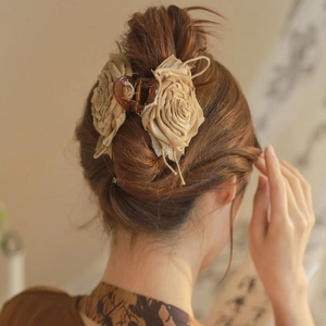 Handmade dried rose fabric hair claw clip for women in vintage khaki elegant style