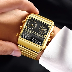 Gold square dual display sports watch with digital chronograph and world map design