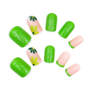Sparkly neon green and nude pink press-on nails set with floral patterns and French tips