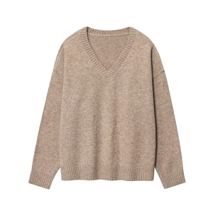 Pull En Maille À Col En V Pour Femmes Acrylique Manches Longues Épaules Tombantes Côte Couleur Unie Décontracté