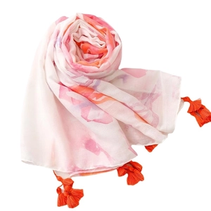 Colorful floral watercolor linen feel beach shawl with bright orange tassels