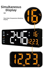 Vista detallada del gran reloj de pared LED que muestra temperatura y fecha