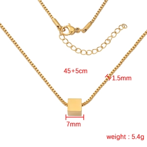 Minimalist gold titanium steel square cube pendant necklace with dimensions and weight info