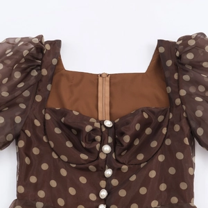 Brown polka dot organza midi dress with puff sleeves and pearl button details