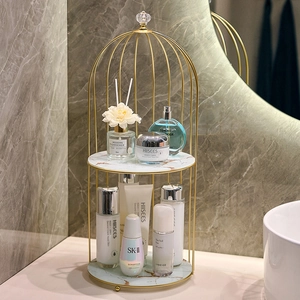 Golden 2-tier birdcage makeup organizer with marble trays for bathroom vanity countertop