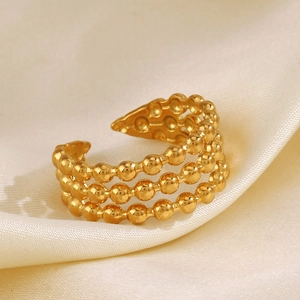 Bague ajustable minimaliste en acier inoxydable doré à trois rangées de perles