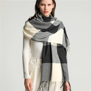Classic black white and grey plaid tassel scarf in soft knit cashmere style for women
