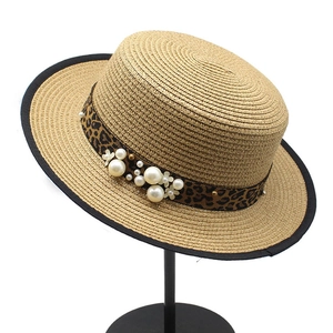 Women Boater Hat Straw Woven Leopard Print Ribbon Faux Artificial Pearl Flower Decor Flat Top Sun Protection Beach Vacation