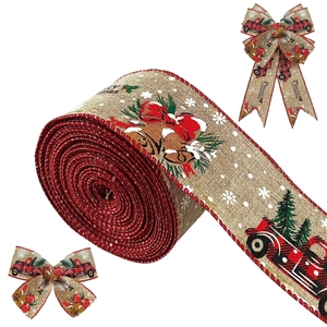Beige Christmas burlap ribbon with red trucks and bells for gift wrapping and DIY crafts