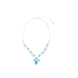 Silver necklace with square blue and clear zircon pendant on a clean white background