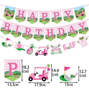 Pink golf birthday banner set with Happy Birthday letters and party accessory dimensions