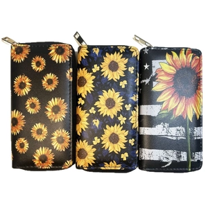 Three sunflowers long PU leather wallets with zipper closure in various floral print patterns