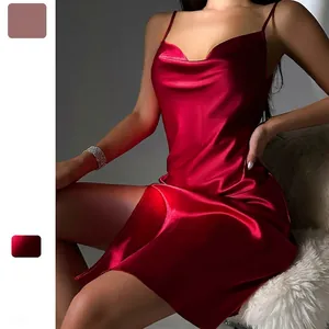 Sexy Satin Camisole Nightgown For Women Cowl Neck Backless High Slit Sleepwear Satiny Home Dress Elegant