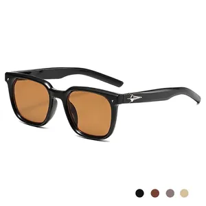 Classic black sunglasses with brown lenses and star-shaped metal logo on temple