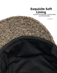 Detailed view of brown sherpa beret featuring soft cotton lining and breathable sweatband