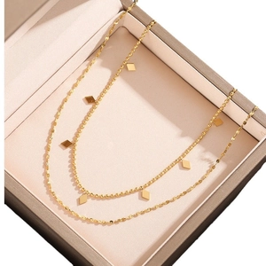 French style double-layer gold titanium necklace with rhombus pendants in a jewelry box