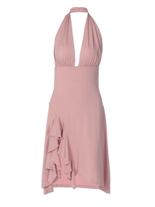 Detail of pink backless halter dress with deep V-neck and asymmetric ruffle hem design