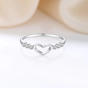 Polished S925 sterling silver heart open ring with sparkling white zircon stones