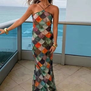Slim fit halter maxi dress with mermaid scale print and open back for beach vacation