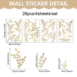 Detail view of 26-piece gold leaf wall stickers set with dimensions for home decor