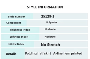 Detailed size chart and material specs for the oil painting print A-line pleated skirt