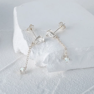 Macro shot of S925 silver fringe earrings with teardrop zircon and opal stones