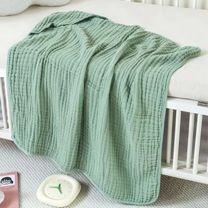 Sage green 6-layer muslin cotton hooded baby towel and soft gauze blanket for infants
