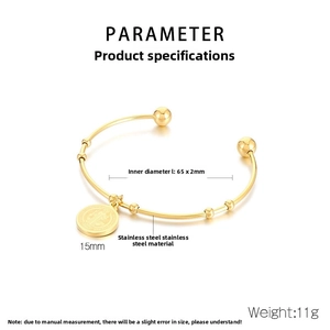Detailed specs of 18K gold-plated stainless steel coin charm bangle with 15mm pendant