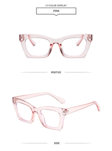 Detail view of pink square frame glasses showing front and side profile with clear lenses