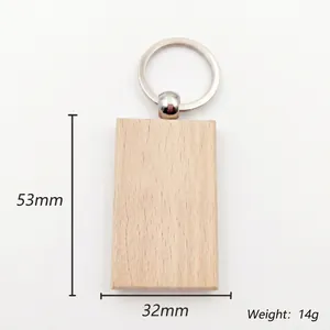 Detailed dimension view of rectangular beech wood keychain with dimensions 53x32mm