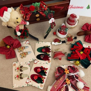 Christmas Hair Clips Headbands For Women Girls Reindeer Santa Gingerbread Man Velvet Ribbon Bell Festive Headwear