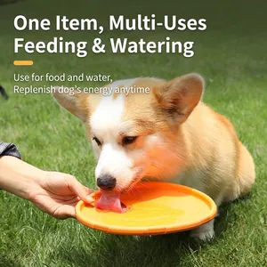 Orange floating dog frisbee and portable water bowl used by a Corgi on green grass