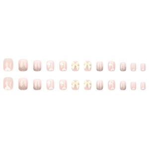 24pcs Sweet Pink Press-on Nails with White Bows, Hearts and Silver Glitter Gradient
