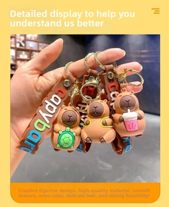 Détail des porte-clés Capybara avec des dragonnes en silicone et des crochets métalliques