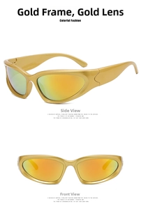 Detail view of gold frame steampunk sports sunglasses with reflective golden mirror lenses