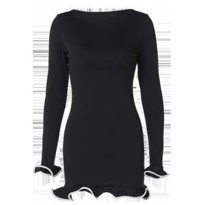 Detail of ruffled white cuffs and hem on a slim-fit black long sleeve mini dress