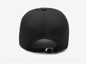 Detail view of the breathable laser-cut holes and adjustable metal buckle on back of cap
