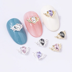 Exquisite alloy heart nail art charms with sparkling wings and rhinestones in various colors