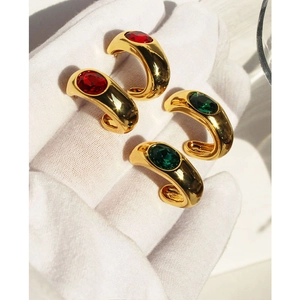 Retro gold C-shaped chunky hoop earrings with emerald and ruby zircon stones