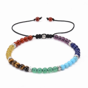 Adjustable 4mm colorful natural stone beaded bracelet with woven cord and vintage spacers