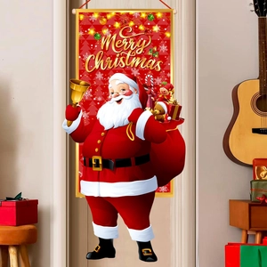 Christmas Door Hanging Flag Polyester Santa Claus With Bell Banner For Outdoor Home Holiday Wall Decoration