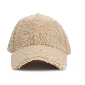 Close-up of beige fleece baseball cap showing thick textured lamb wool and six-panel crown