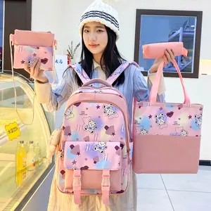 Pink purple gradient student backpack 4-piece set with cartoon bear patterns for schoolgirls