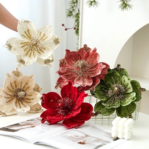 Artificial Christmas Poinsettia Flowers Velvet Magnolia Glitter Decoration For Tree Festive Home Decor Multi Color