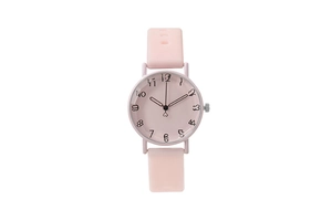 Close-up of pink minimalist quartz watch with artistic numerals and silicone strap