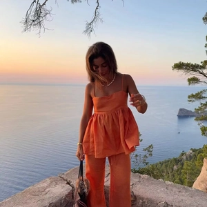 Tenues De Vacances D'été Pour Femmes Haut À Bretelles Sans Manches Et Pantalon Large À Taille Haute Couleur Unie