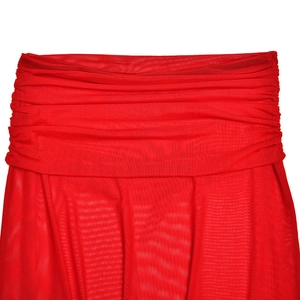 Detailed view of red ruched waist design and pleated mesh fabric on a stylish maxi dress