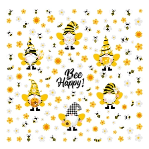 Cartoon bee gnome window stickers with sunflowers and Bee Happy text for home decor