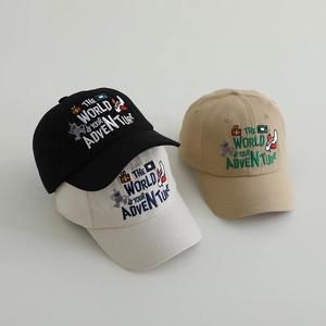 Embroidered cotton baseball caps for kids in black, cream, and khaki with cartoon patterns