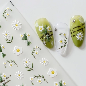3D-geprägte Gänseblümchen-Nagelaufkleber mit 5D-Blumendesigns und weißen Blumenmustern